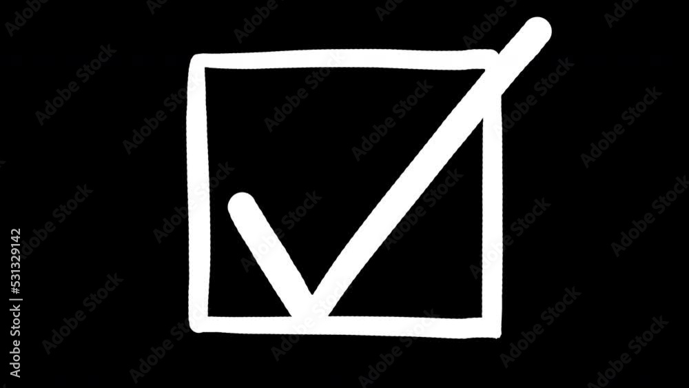 Animation of an approving mark squared with a white line on a black background. Doodle icon with a tick. The concept of doing work, voting, polling, exam, studying, choosing. 4k with alpha channel. Animation of an approving mark squared with a white line on a black background. Doodle icon with a tick. The concept of doing work, voting, polling, exam, studying, choosing. 4k with alpha channel.