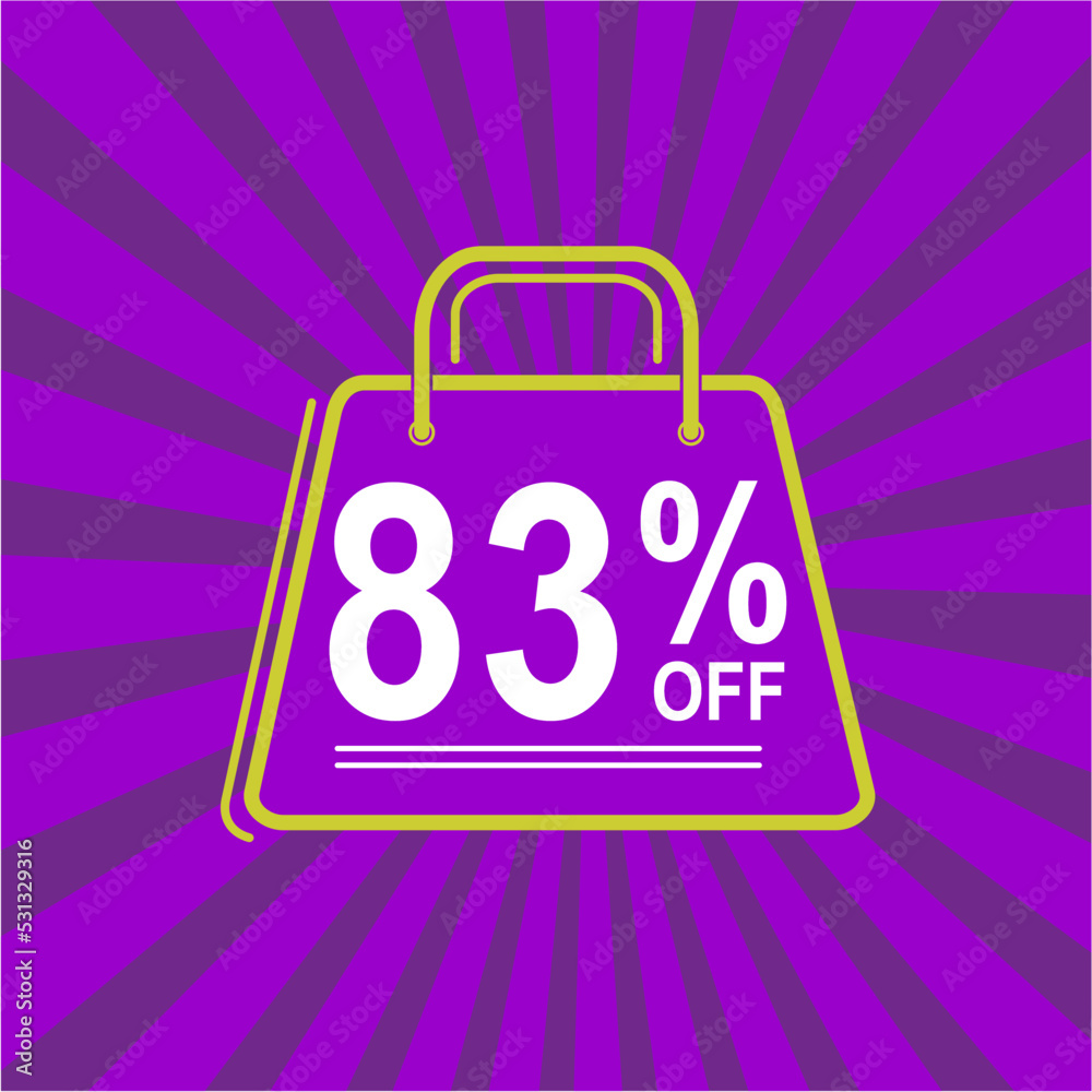 83% off. Purple, white and yellow banner with eighty three percent discount. Shopping bag concept. 83% off. Purple, white and yellow banner with eighty three percent discount. Shopping bag concept.