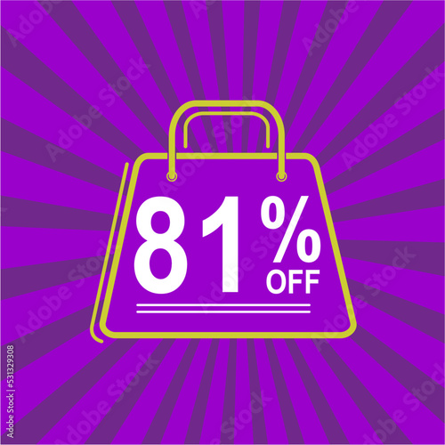 81% off. Purple, white and yellow banner with eighty one percent discount. Shopping bag concept.
