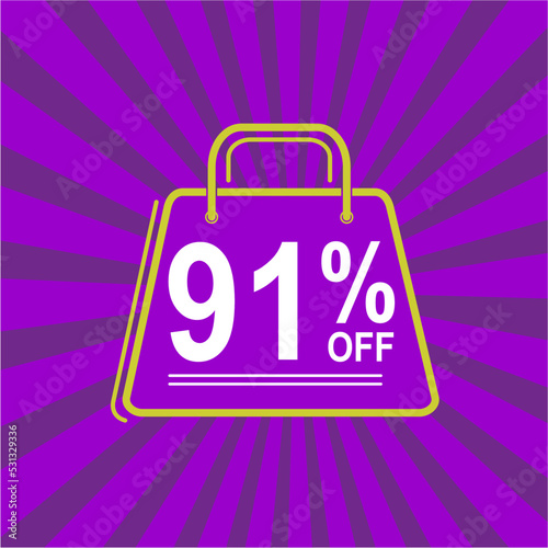91% off. Purple, white and yellow banner with ninety one percent discount. Shopping bag concept.