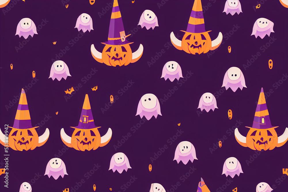 Cute Halloween, Seamless pattern with funny Halloween rabbit in witch hat with pumpkin on purple background, illustration, Cute kids collection 2d style, illustration, design v1