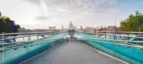 Photography Millennium Bridge at dusk,entrance ramp to and from pedestrian walkway, Central London,England,UK
