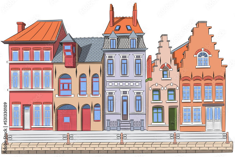 Vector. Traditional colorful medieval houses in the historic part of Bruges.
