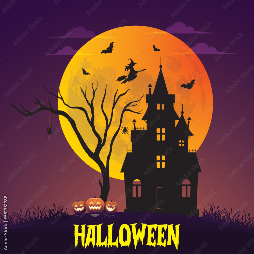 Halloween background with house and full moon