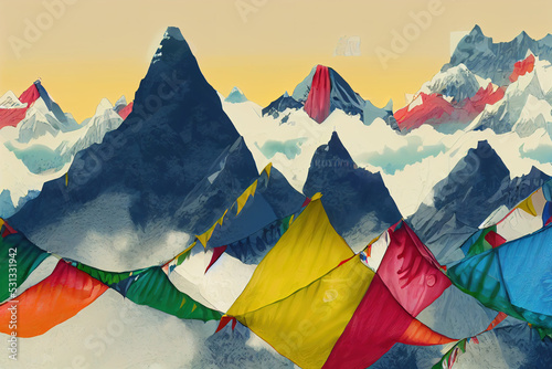 Colorful prayer flags on the Everest Base Camp trek in Himalayas, Nepal, View of Mount Ama Dablam and Mount Kangtega, anime style, cartoon style toon style v1 photo