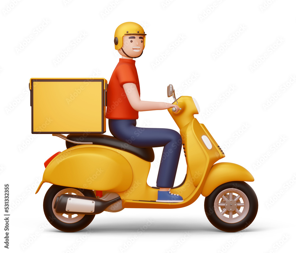 Delivery man riding a motorcycle with delivery box, 3d rendering.