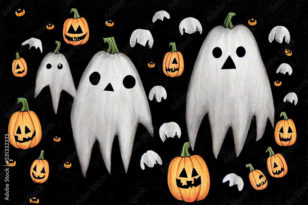 Obraz premium Cute Hand Drawn Halloween Cards and Pattern, Little White Ghost on a Black Background, Happy Halloween, Trick or Treat, Sweet Little Pumpkins and White Funny Skulls, Gravestone with Boo inscription v2