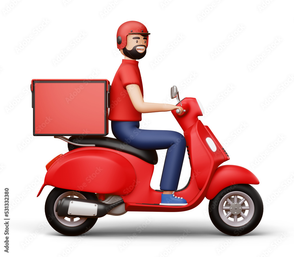 Delivery man riding a motorcycle with delivery box, 3d rendering.