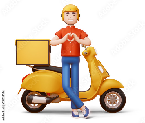 Delivery man doing a heart shape with hands and a delivery motorcycle, 3d rendering.