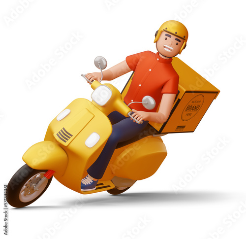 Delivery man riding a motorcycle with delivery box, 3d rendering.