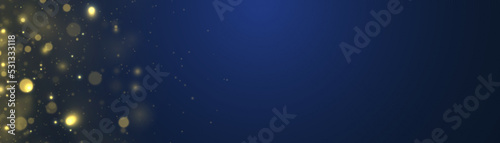 Blurred bokeh light on dark blue background. Abstract glitter defocused blinking stars and sparks. Christmas and New Year holidays template. Dark golden abstract bokeh. Vector illustration.