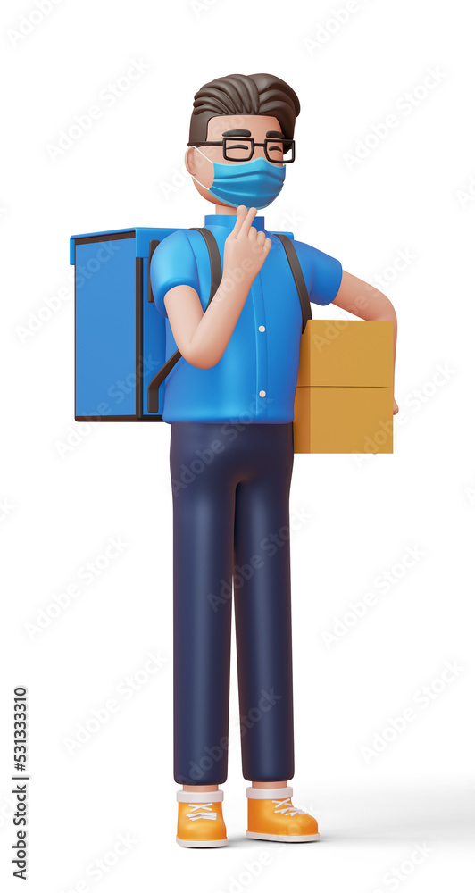 Delivery man doing mini heart with hands and hold a parcel box, 3d rendering. Delivery man doing mini heart with hands and hold a parcel box, 3d rendering.