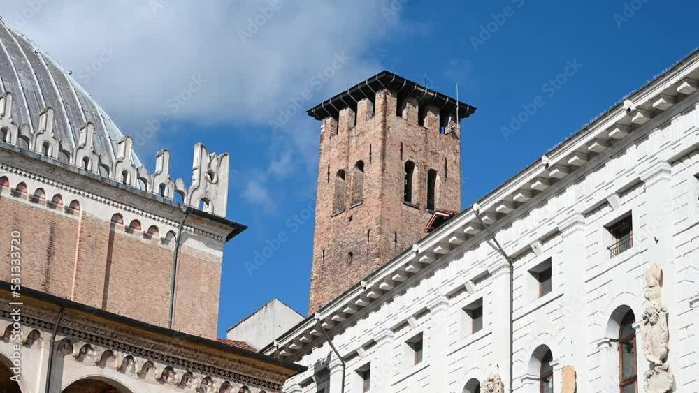 Padua, Italy. Medieval civic tower in Padua. Torre degli Anziani. Piazza della Frutta, Padua, Italy. Medieval civic tower in Padua. Torre degli Anziani. Piazza della Frutta,