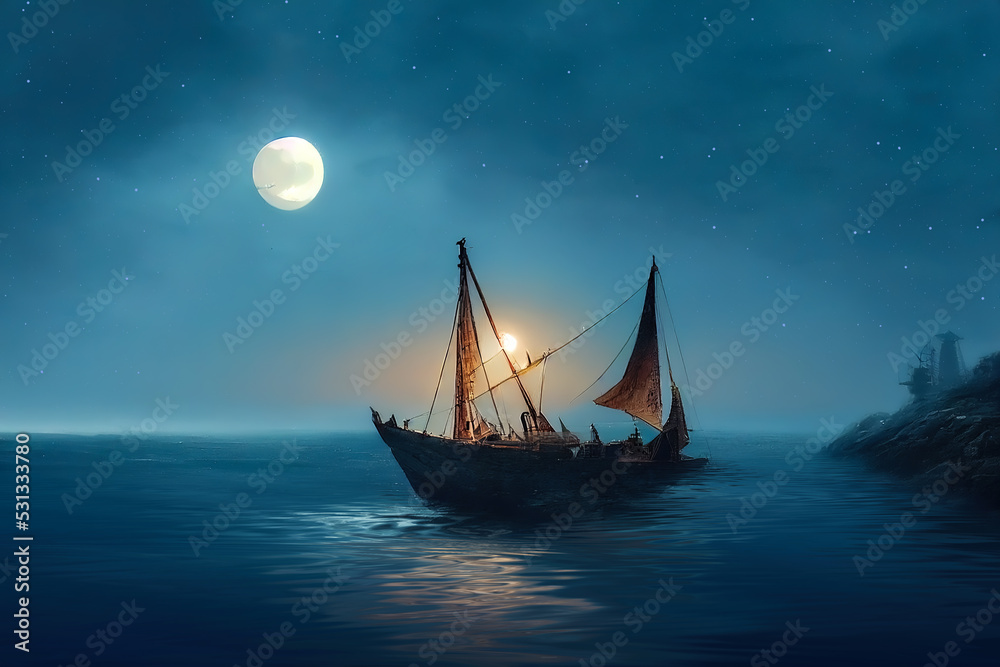 Fototapeta premium Vintage sailboat in the open sea under the night sky. Big full moon, reflection of light in the water. Fantasy sea landscape. 3D illustration.