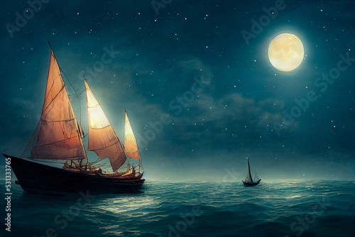 Vintage sailboat in the open sea under the night sky. Big full moon, reflection of light in the water. Fantasy sea landscape. 3D illustration.