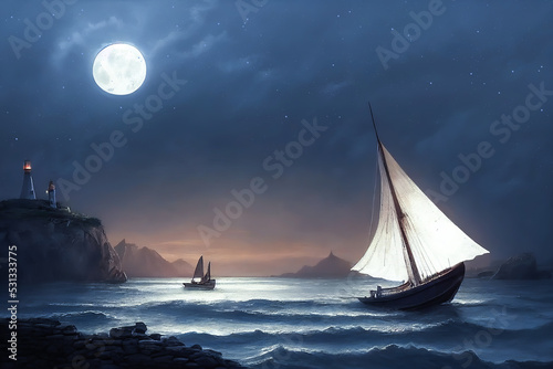 Vintage sailboat in the open sea under the night sky. Big full moon, reflection of light in the water. Fantasy sea landscape. 3D illustration.