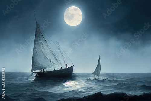 Vintage sailboat in the open sea under the night sky. Big full moon, reflection of light in the water. Fantasy sea landscape. 3D illustration. photo