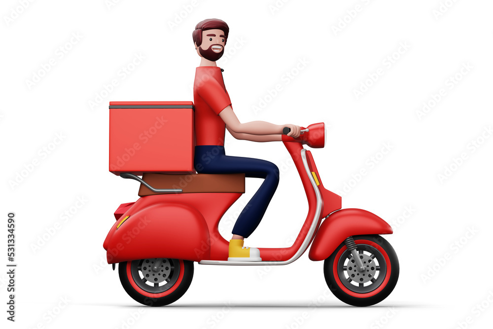 Delivery man riding a motorcycle with delivery box, 3d rendering Delivery man riding a motorcycle with delivery box, 3d rendering