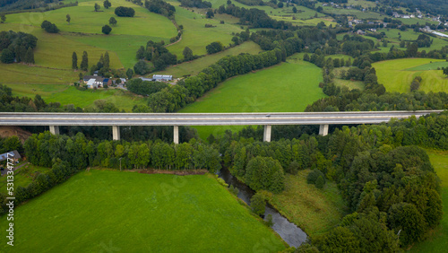 Aerial view of a viaduct in the Ardennes, part of the E42 (A27) highway photo