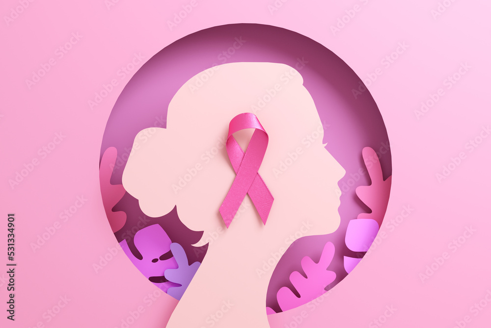 Breast Cancer Awareness Month banner background with a pink ribbon on a woman silhouette. Flyer, banner design template in 3D illustration - obrazy, fototapety, plakaty 