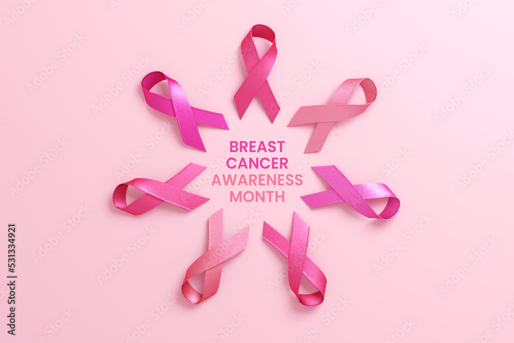 Several pink ribbons forming a flower with text on a pink background for the Breast Cancer Awareness Month. Flyer, banner design template in 3D illustration Several pink ribbons forming a flower with text on a pink background for the Breast Cancer Awareness Month. Flyer, banner design template in 3D illustration