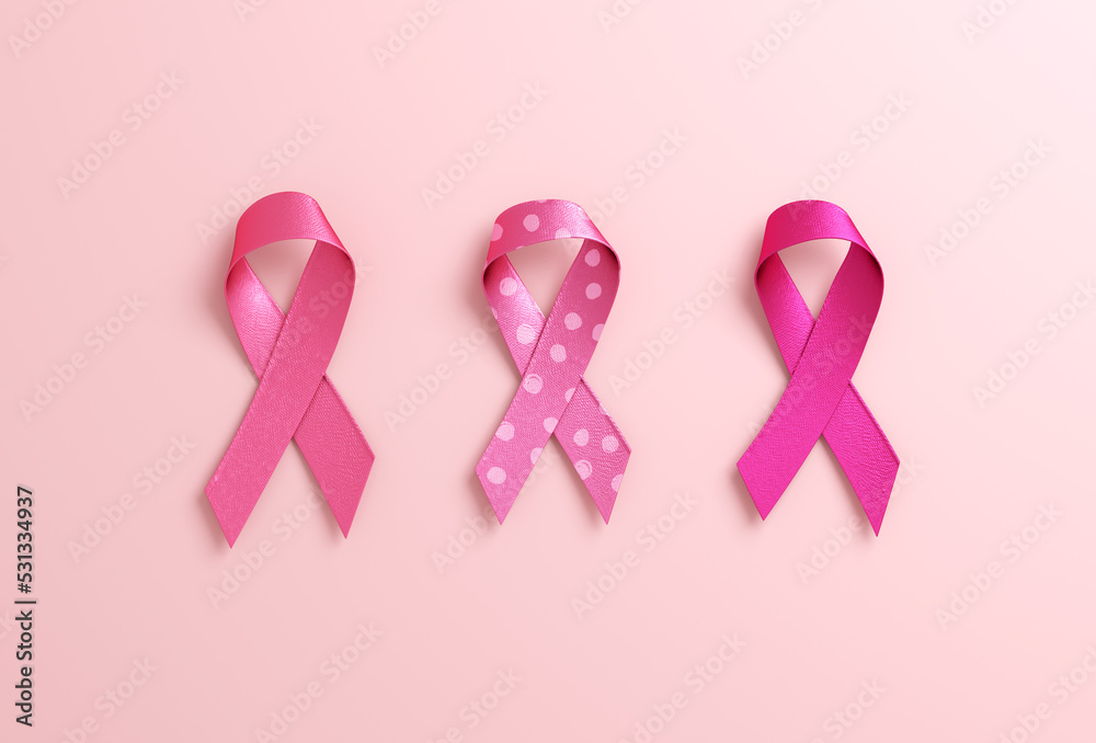Three pink ribbons isolated on a pink background with copy space for Breast Cancer Awareness Month and World Cancer Day. Flyer, banner design template in 3D illustration - obrazy, fototapety, plakaty 