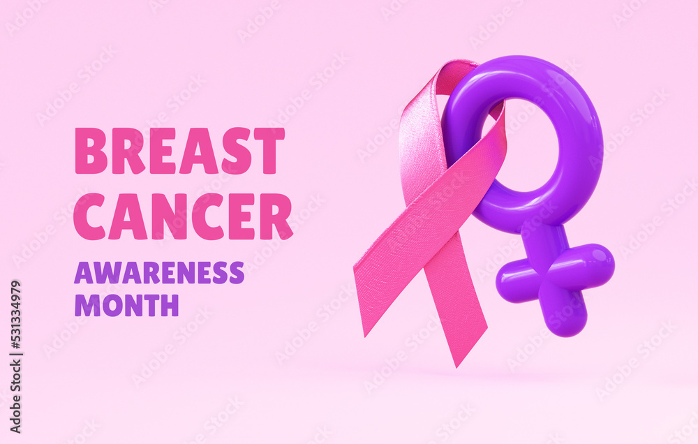 A pink ribbon linked to female symbol for Breast Cancer Awareness Month flyer background design with text, 3D illustration