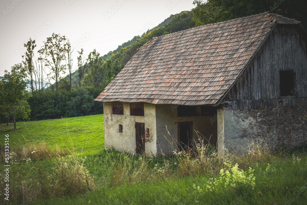 Old barn in beautiful natural surroundings during the evening sun.Summer season.