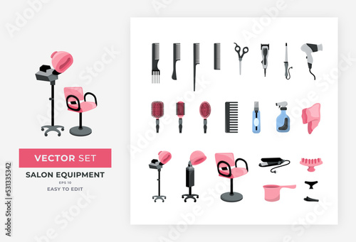Set of salon equipment colorful vector illustration. Wide collection of beauty salon equipment, makeup, etc. This design is perfect for women's beauty salon and haircut companies. Eps 10.