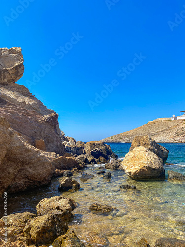 Beautiful rocky scenery near Koubara beach in Ios island Cyclades, Greece