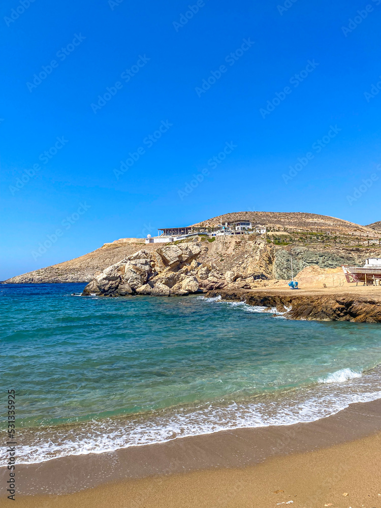 Beautiful rocky scenery near Koubara beach in Ios island Cyclades, Greece