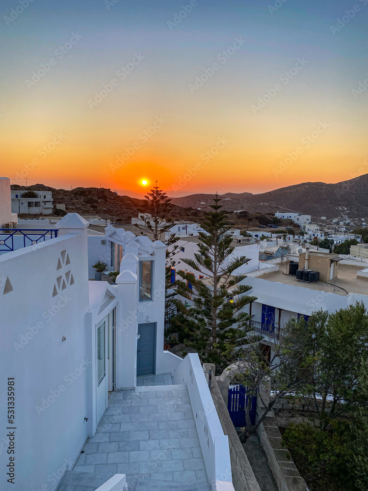 Sunset view over Ios island in Cyclades, Greece