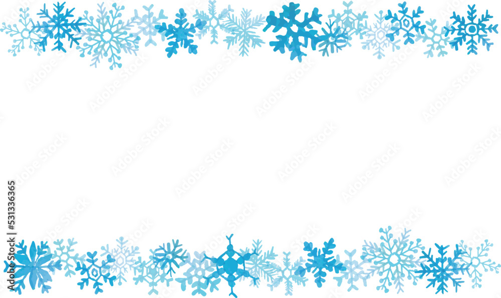 Fototapeta premium 水彩画。水彩タッチの雪の結晶ベクターイラスト。雪の結晶のベクターフレーム。Watercolor painting. Snowflake vector illustration with watercolor touch. Snowflake vector frame.