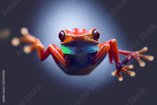 Fotografie, Obraz Photo of a frog in flight on a dark blue background. 3D rendering