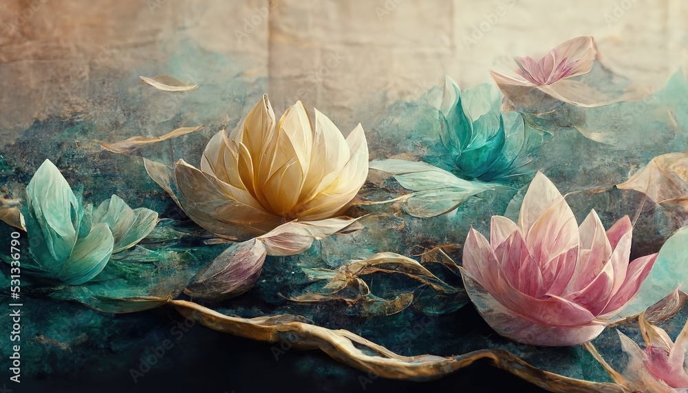 Lotus flowers float on the blue water surface. 3D rendering - obrazy, fototapety, plakaty 