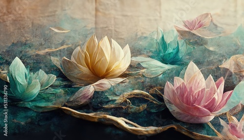 Lotus flowers float on the blue water surface. 3D rendering