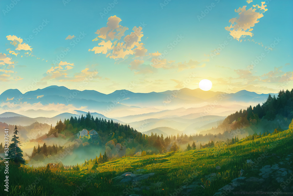 Foggy morning panorama of mountains valley, Splendid summer sunrise in Carpathian mountains, Rika village location, Transcarpathian, Ukraine, Europe, Beauty of nature concept background, anime style