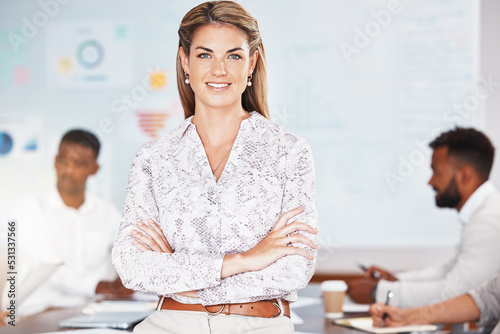 Manager, company ceo and business woman working at a startup agency, meeting with corporate employees and coaching staff at work. Portrait of a workers with arms crossed for leadership in office