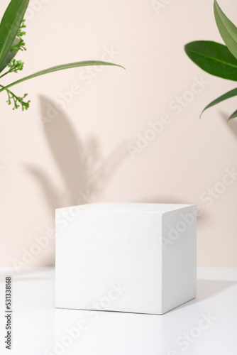 White porous gypsum cube for podium cosmetic products on a beige background with green eco leaves. Mockup empty template vertical