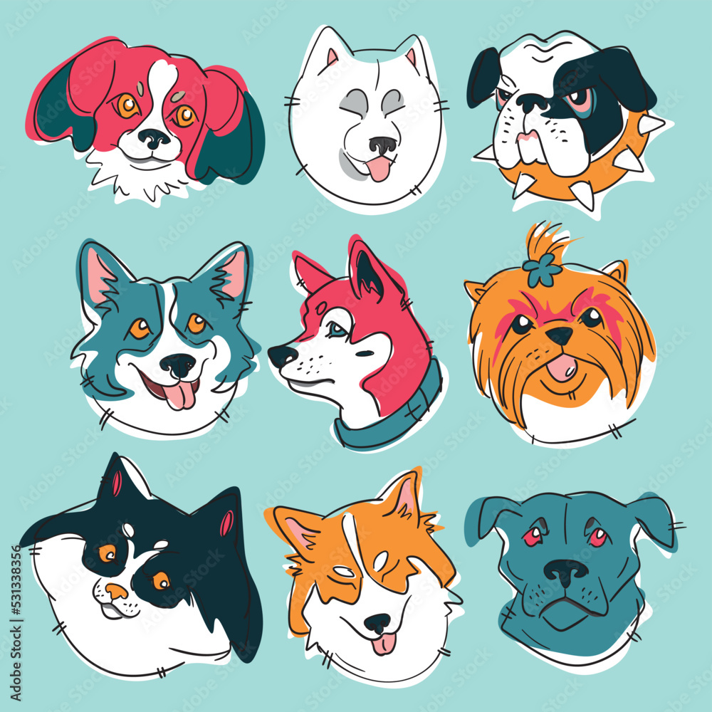 Cute dogs doodle vector set. Cartoon dog or puppy characters design collection with flat color in different poses. 