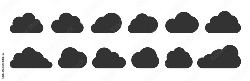 Clouds black flat icon set isolated on white. Different shape cloud abstract web banner template. Digital internet network data technology business concept sign. Outline cartoon speech bubble symbol Clouds black flat icon set isolated on white. Different shape cloud abstract web banner template. Digital internet network data technology business concept sign. Outline cartoon speech bubble symbol