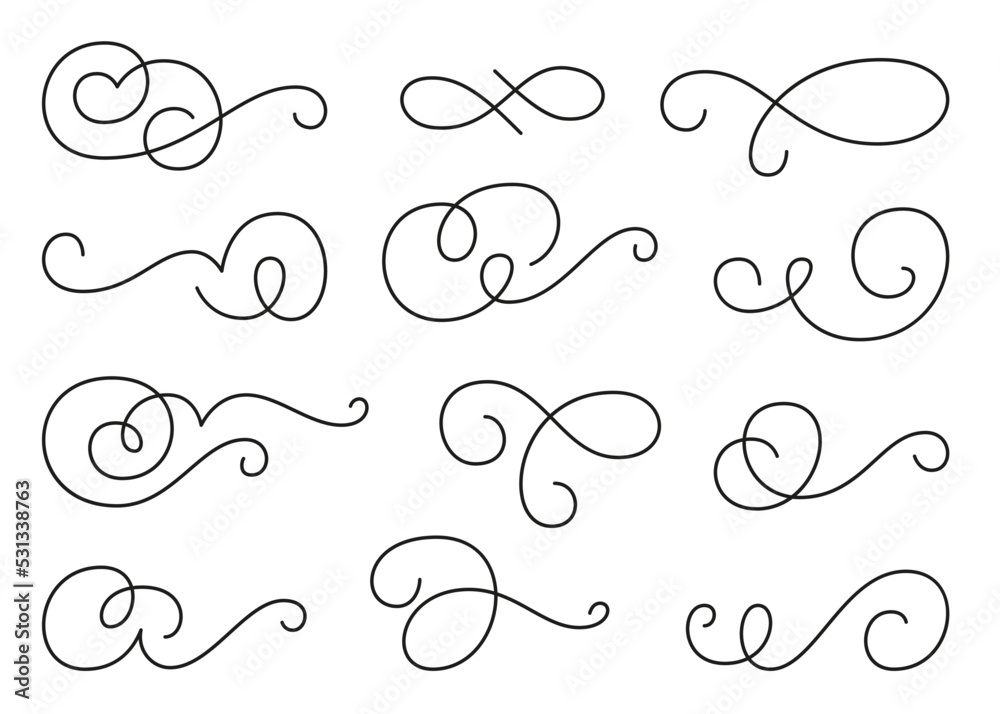 Calligraphic design element set, swirl twirl ornament. Decorative curls, swirls flourishes, divider, swashes and filigree line ornaments for menu, certificate, diploma, wedding card, invatation