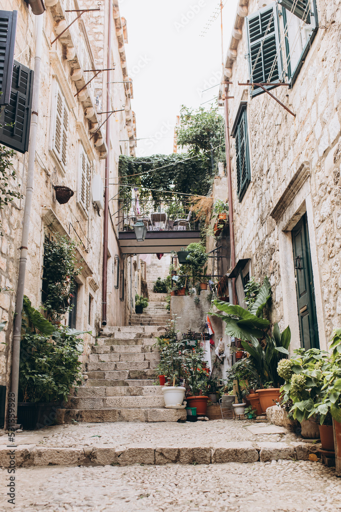Dubrovnik, Croatia - September 21, 2021: Narrow dark street with greenery in old medieval town, listed UNESCO World Heritage Sites. King's Landing, capital of Seven Kingdoms in show Game of Thrones