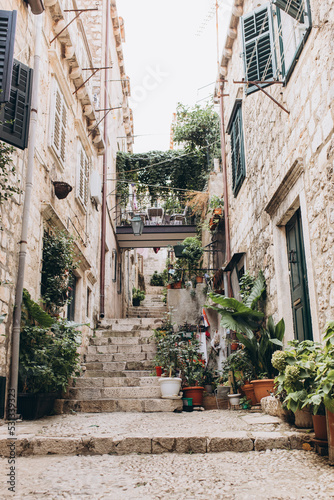 Dubrovnik  Croatia - September 21  2021  Narrow dark street with greenery in old medieval town  listed UNESCO World Heritage Sites. King s Landing  capital of Seven Kingdoms in show Game of Thrones