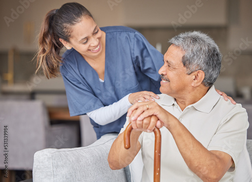 Slika na platnu Healthcare, kindness and support with nurse helping elderly patient in assisted living home, smile and content
