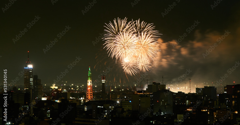 fireworks celebrating mexico's independence day, panoramic view of mexico city at night fireworks celebrating mexico's independence day, panoramic view of mexico city at night