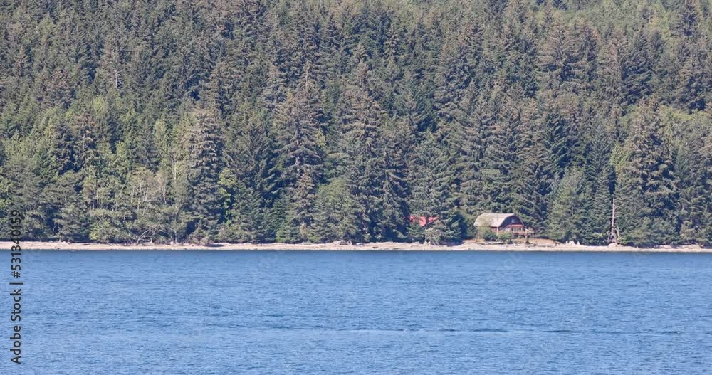 Cabin coast pine forest inside passage Alaska. The Inside Passage a coastal route for ships and boats. Network of natural island channels weave through the Pacific Northwest coast. Cabin coast pine forest inside passage Alaska. The Inside Passage a coastal route for ships and boats. Network of natural island channels weave through the Pacific Northwest coast.