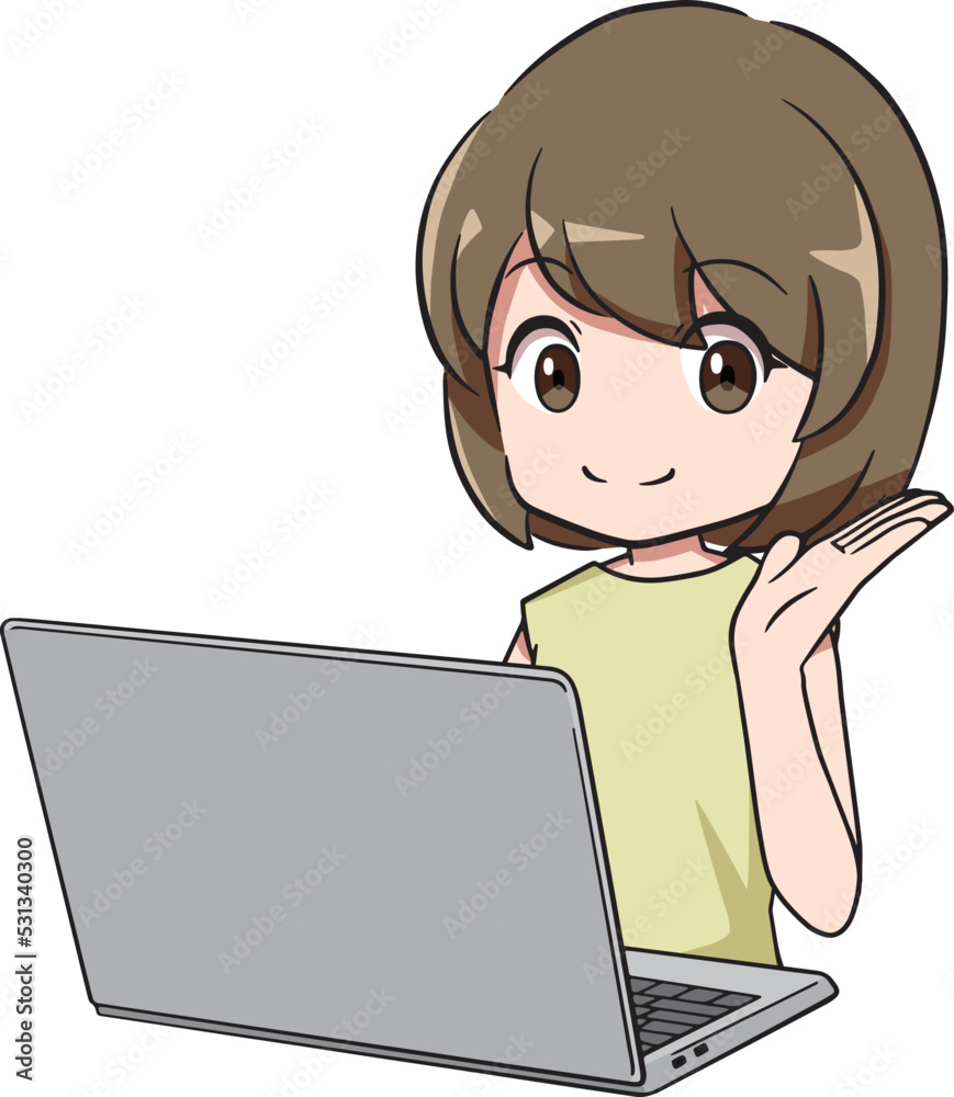パソコンの前で案内をする女性 パソコンの前で案内をする女性