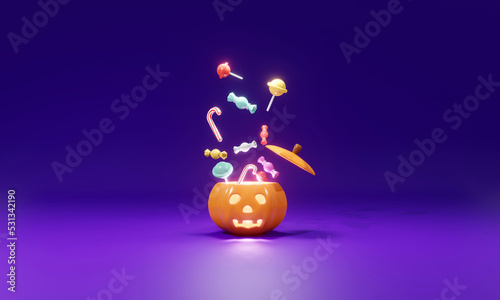 3D Rendering concept of cute little 
pumpkin open with candy for trick or treat Halloween on background. 3d render cartoon style.