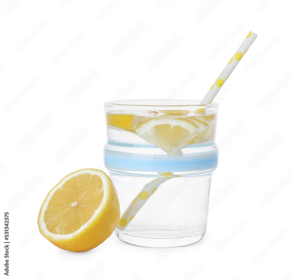 Glass with water and sliced lemon on white background Glass with water and sliced lemon on white background